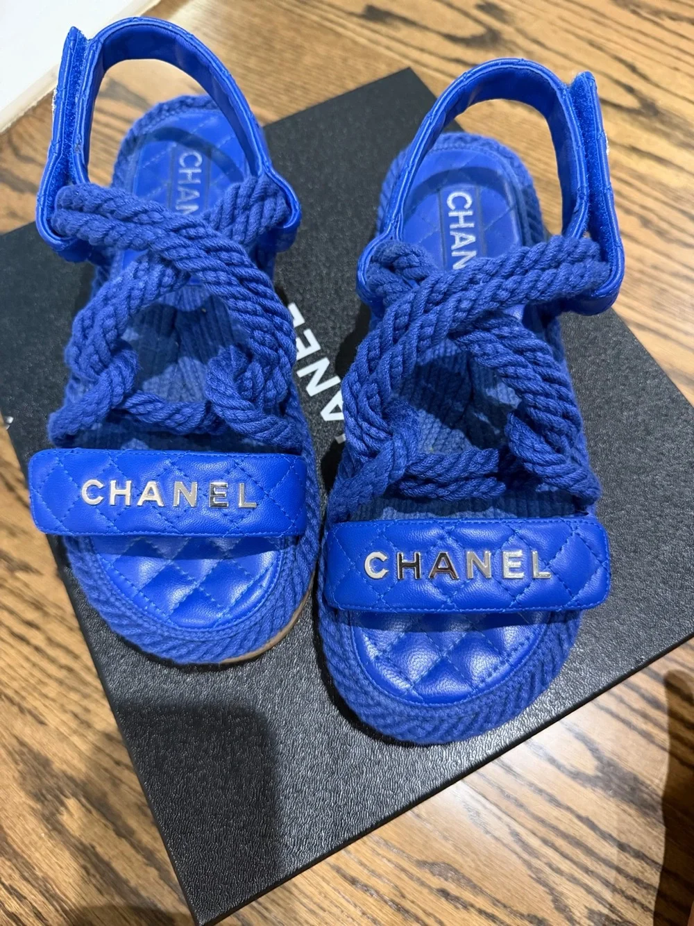 CHANEL Royal Blue Rope Knot Sandals with Cork Sole